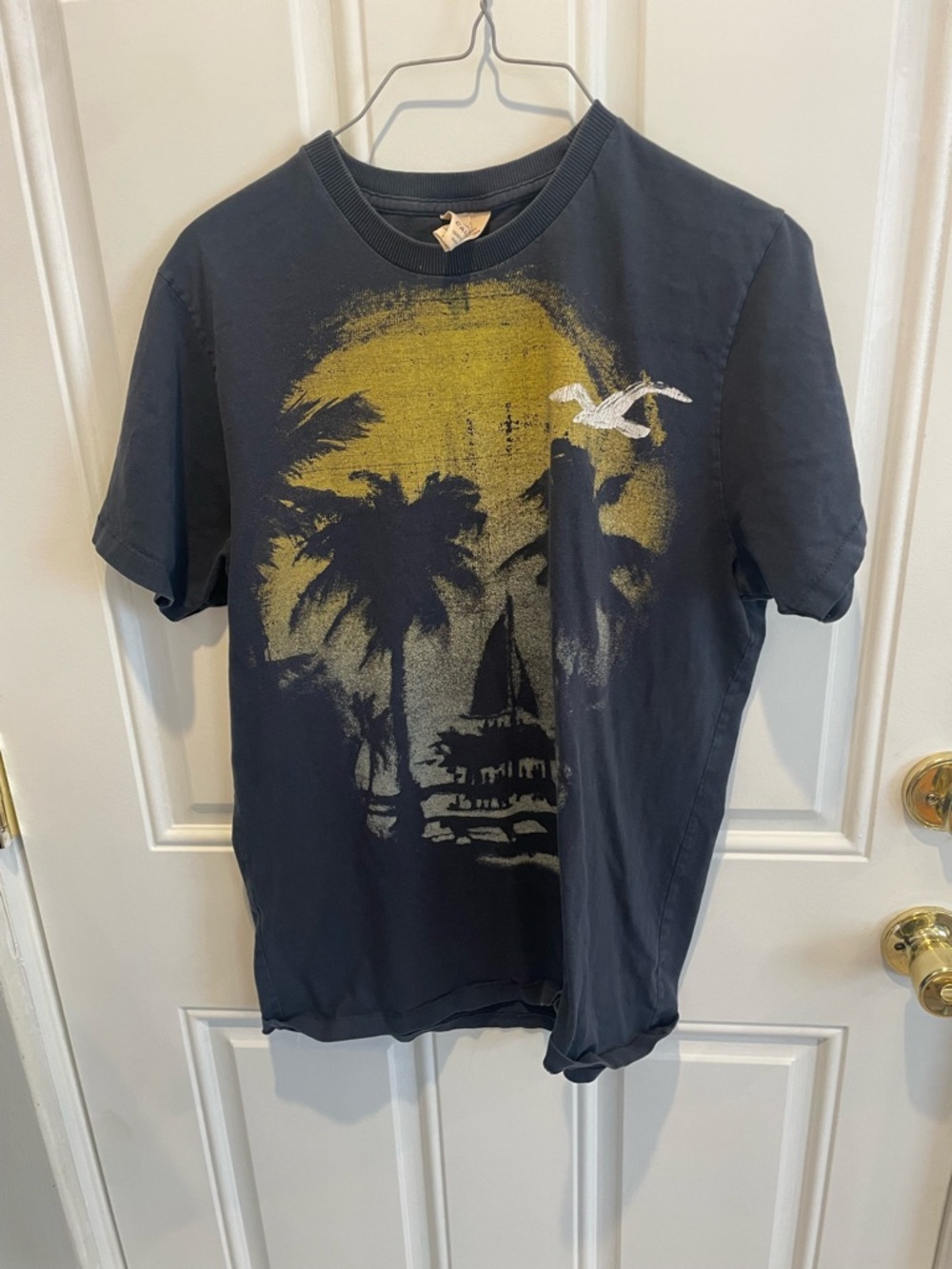 Hollister Navy Blue Short Sleeve Tee with Yellow Palm Graphic